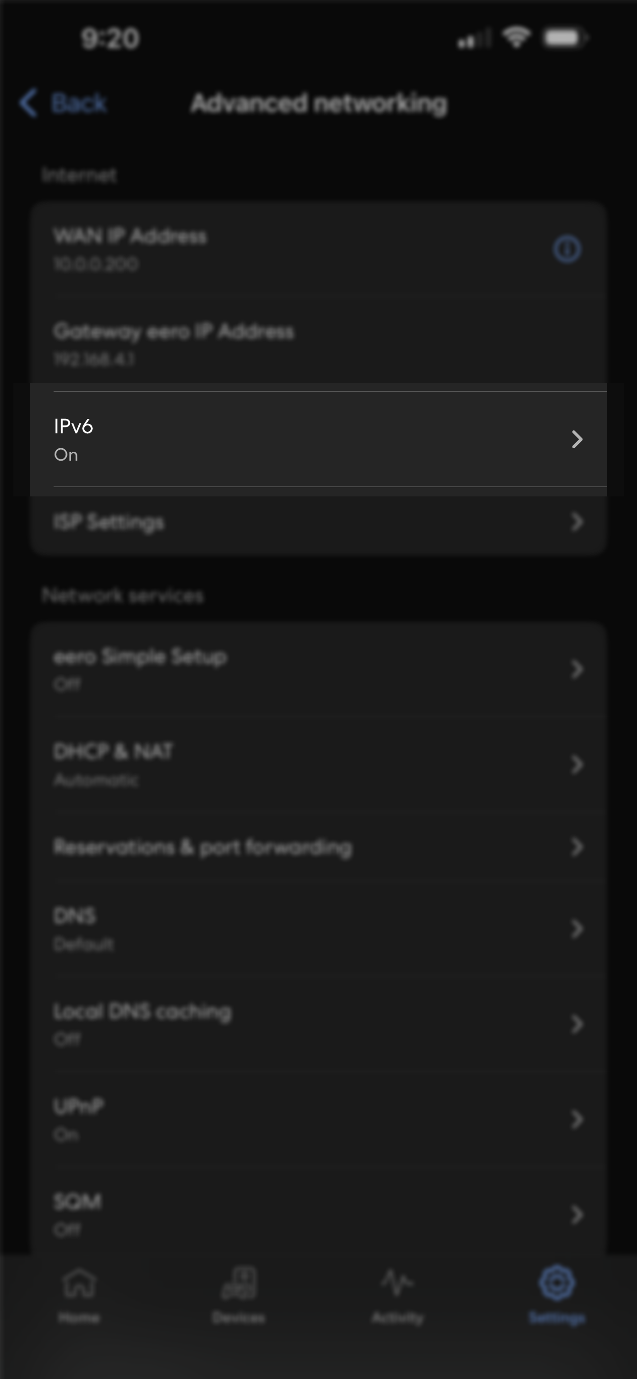 Advanced networking page with IPv6 (third option down) highlighted