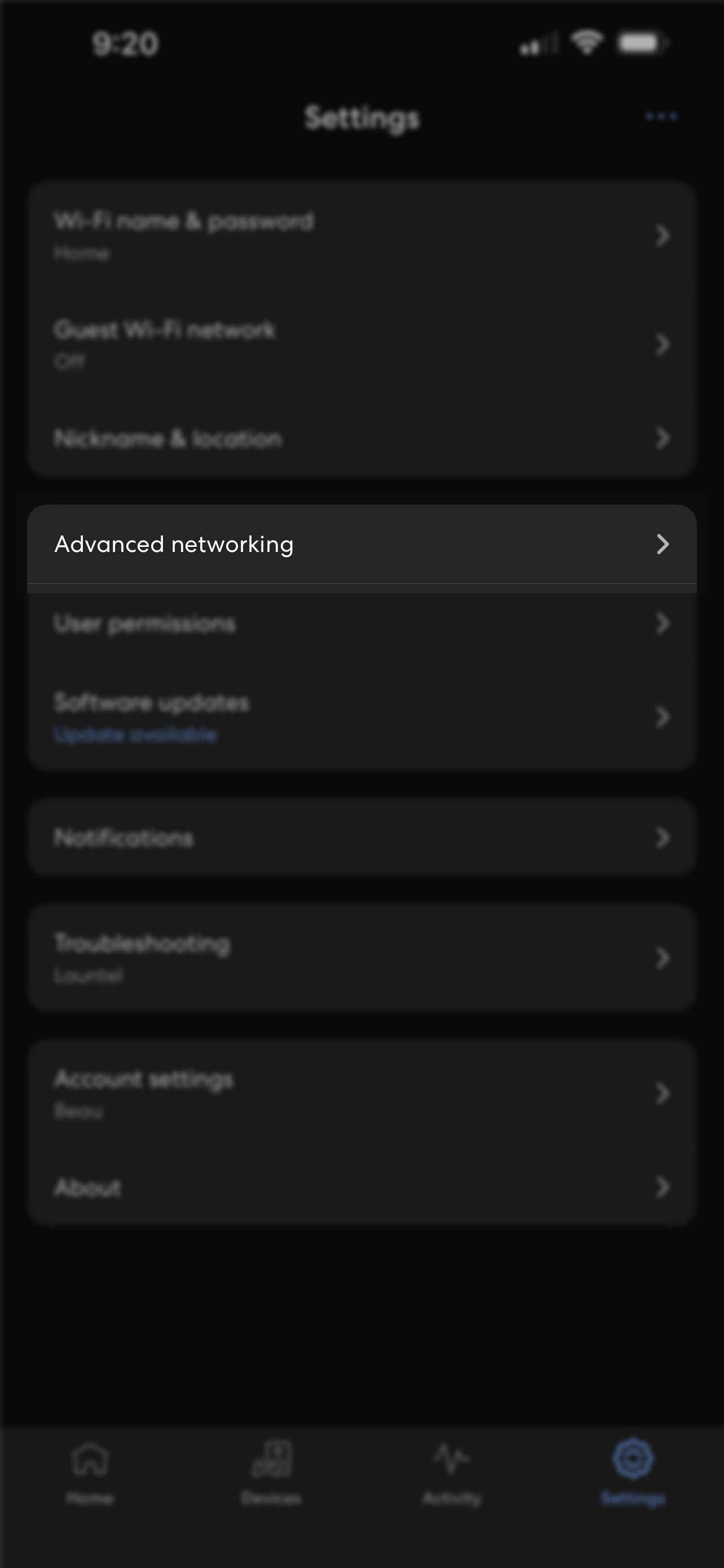Settings page, with Advanced networking (fourth option down) highlighted