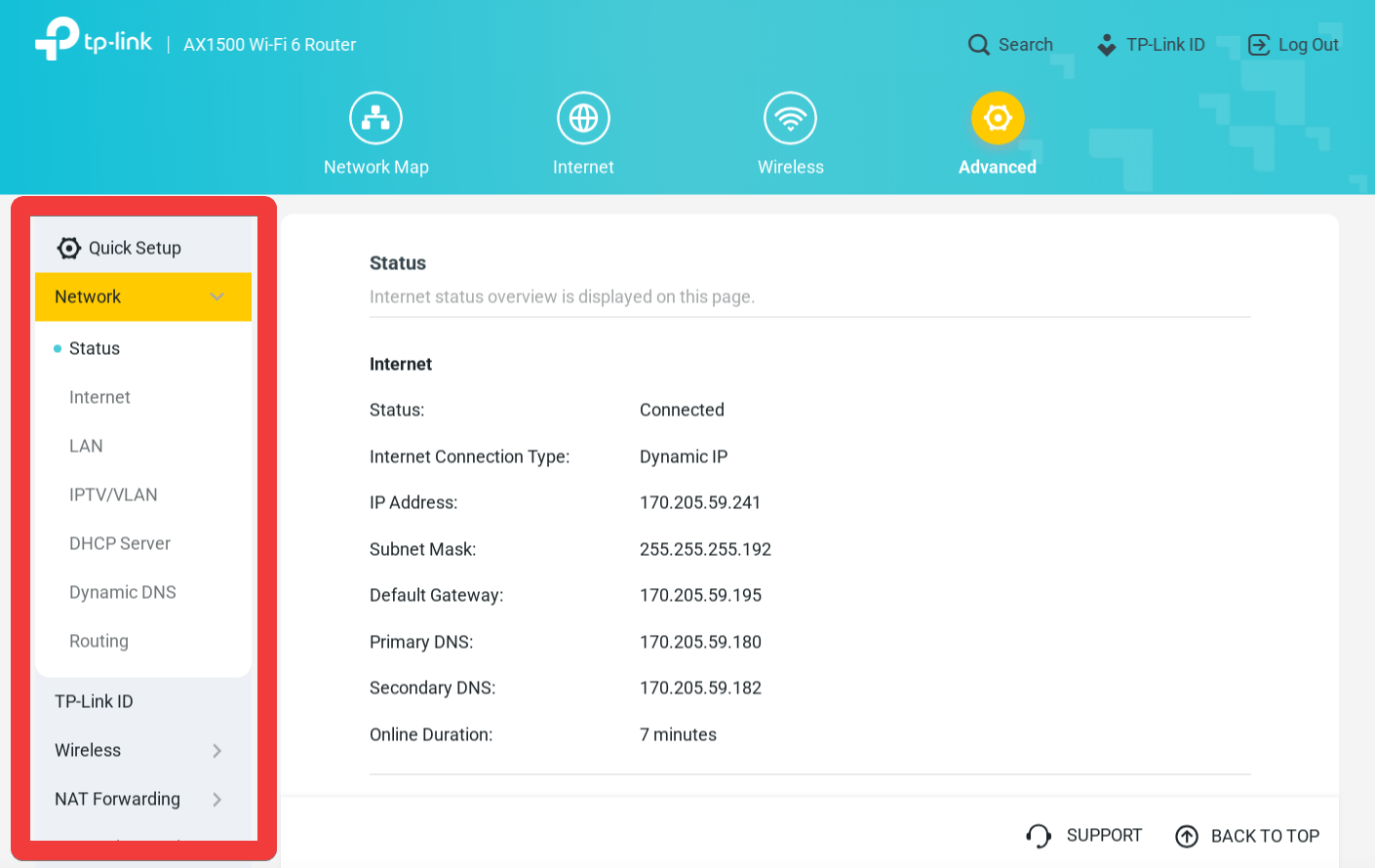 The Advanced page with the left navigation bar highlighted